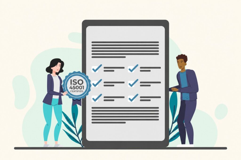 ISO 45001 certified teamwork illustration